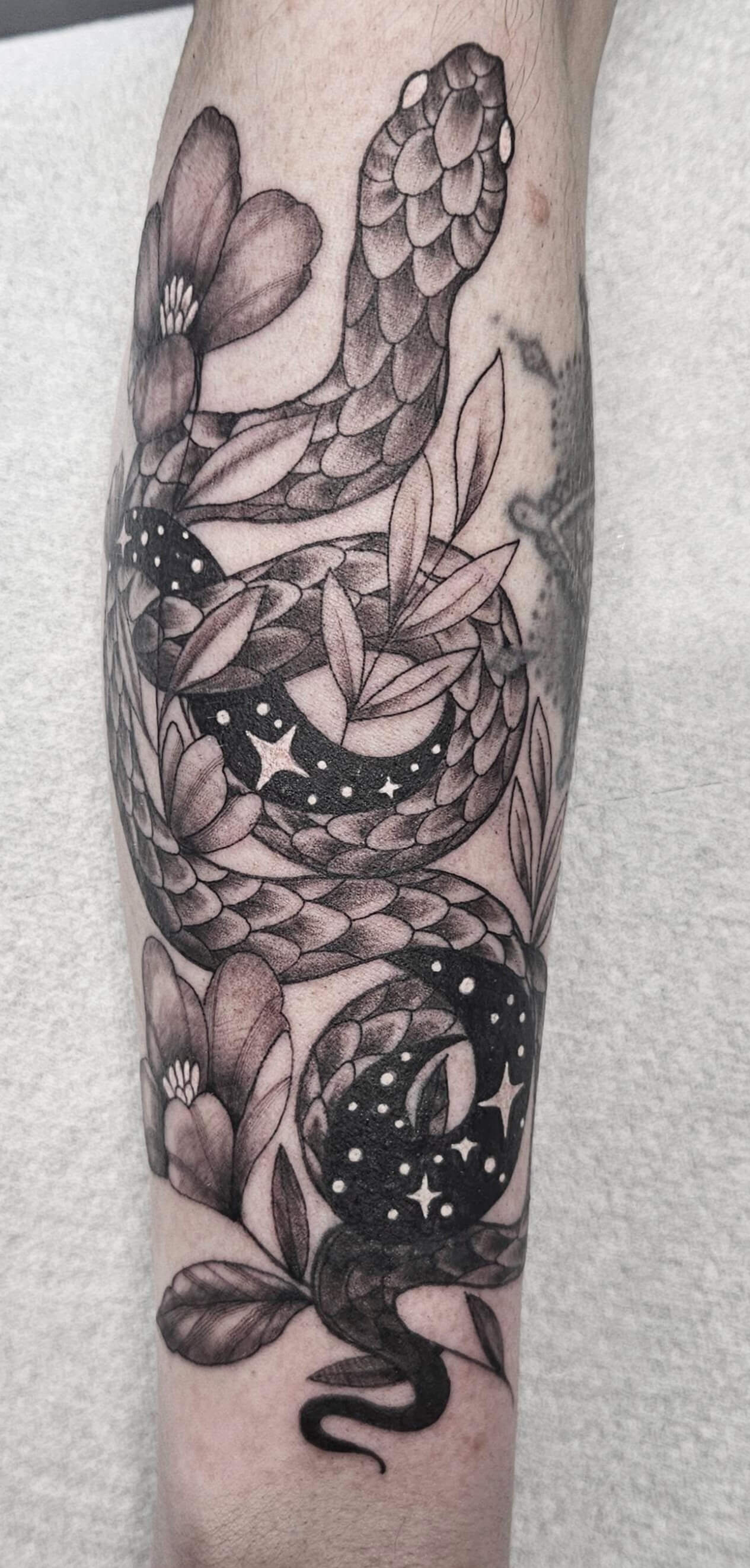 Black and grey tattoo of a coiled snake intertwined with leaves and flowers, with sections of the snake’s body filled with black ink, white dots, and star shapes to resemble a night sky.